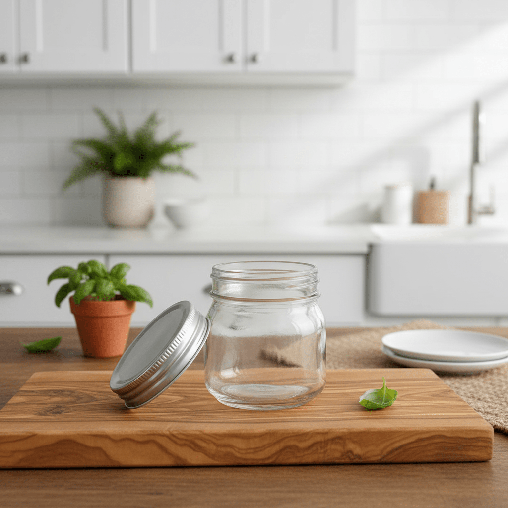 Clear glass jar with a silver metal lid on a wooden cutting board in a kitchen setting