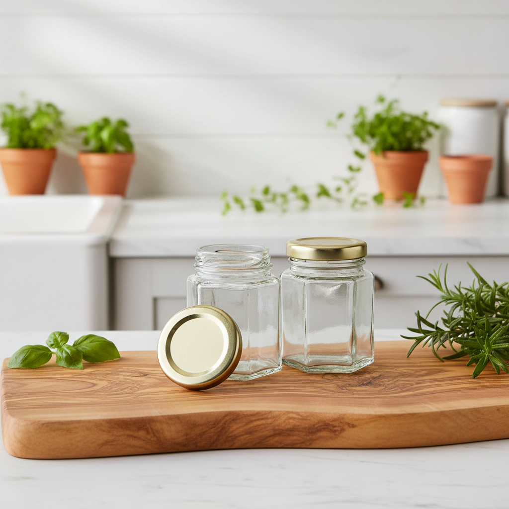 Clear glass jars with gold lids on a wooden cutting board in a kitchen setting with plants.