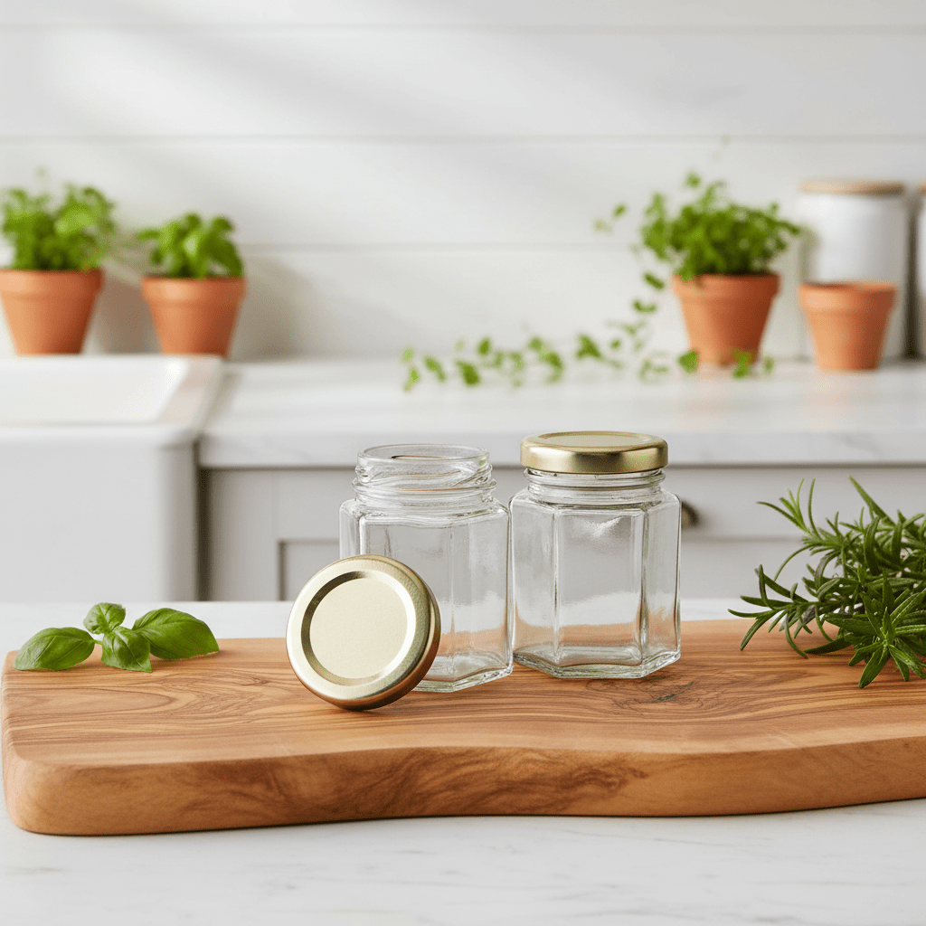 Clear glass jars with gold lids on a wooden cutting board in a kitchen setting with plants.