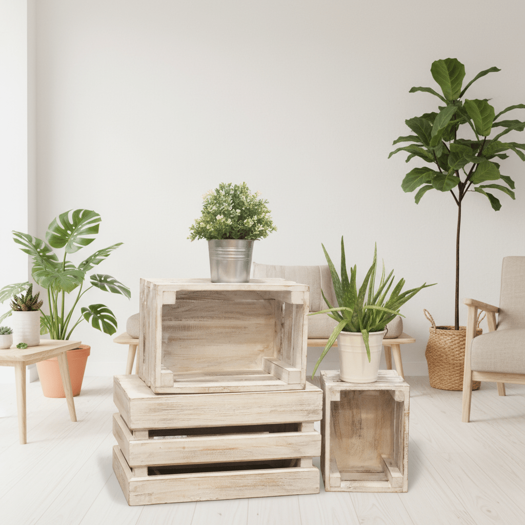 Wooden crates with plants in a minimalistic room