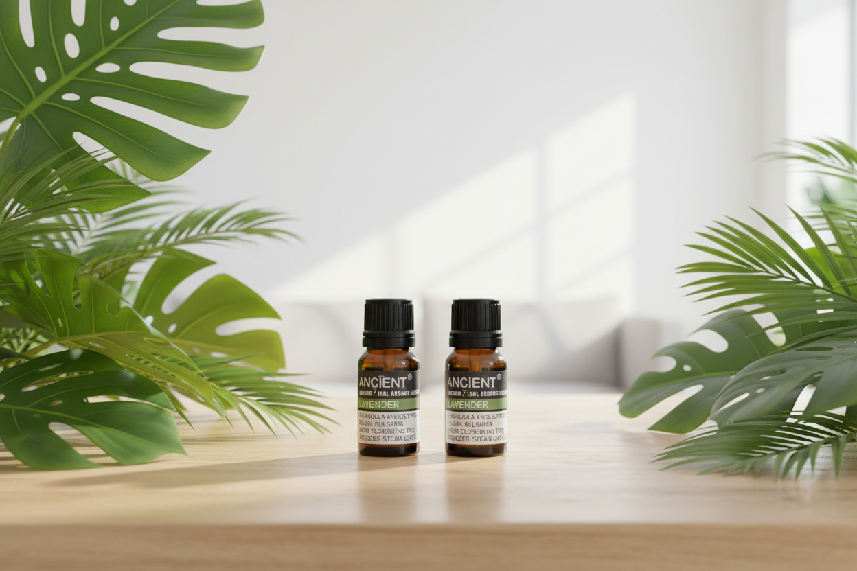 Two bottles of organic essential oil on a wooden surface with green plants in the background.