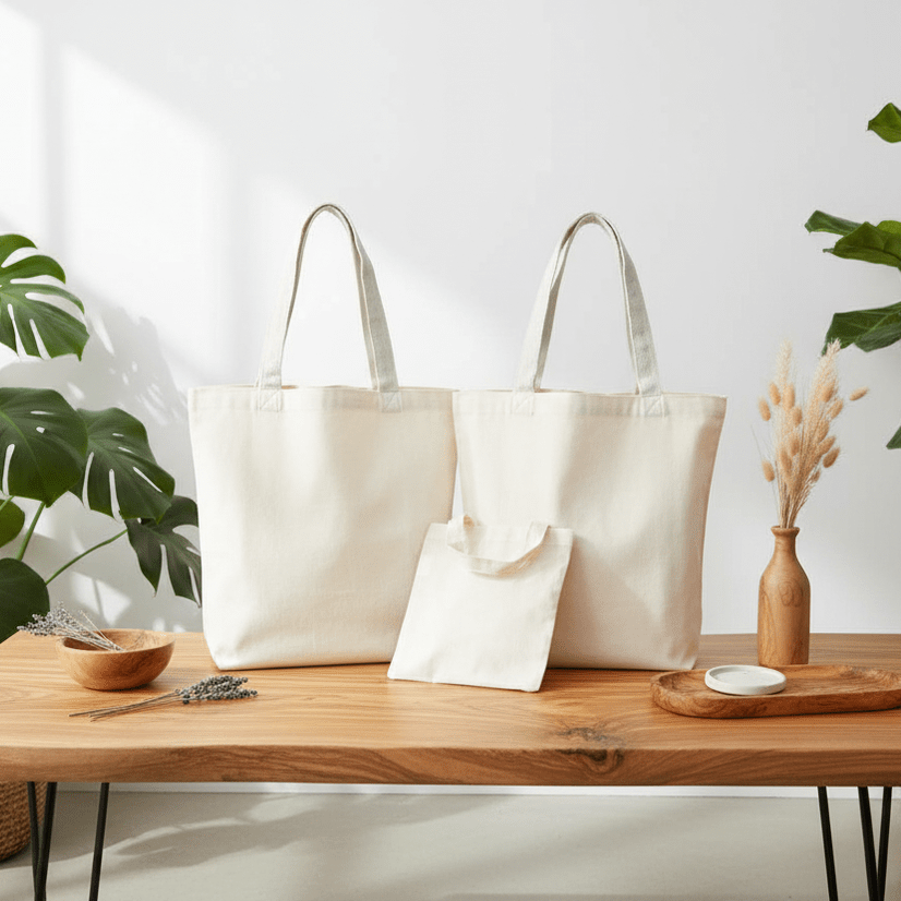 Two tote bags on a wooden table with plants in the background
