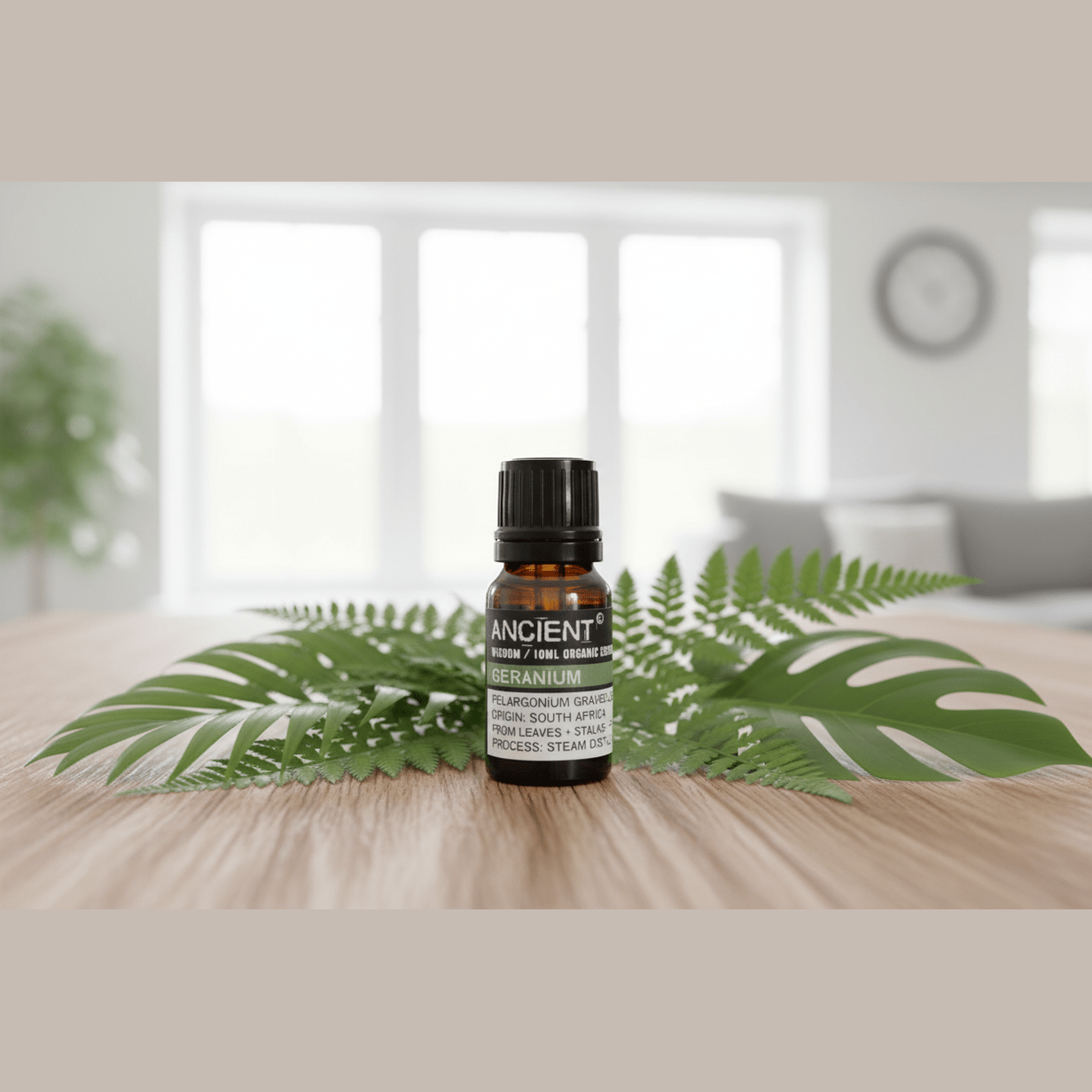 Bottle of essential oil with leaves on a wooden surface