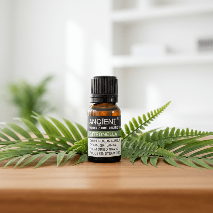 Bottle of essential oil labelled 'Ancient Wisdom' on a wooden surface with fern leaves.