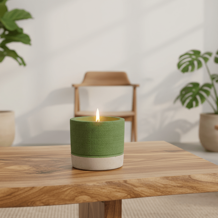 Green candle in a pot on a wooden table with plants in the background
