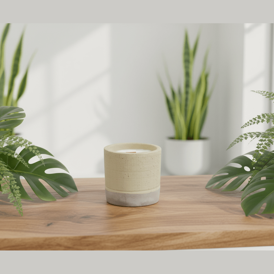 Ceramic candle holder on a wooden surface with plants in the background