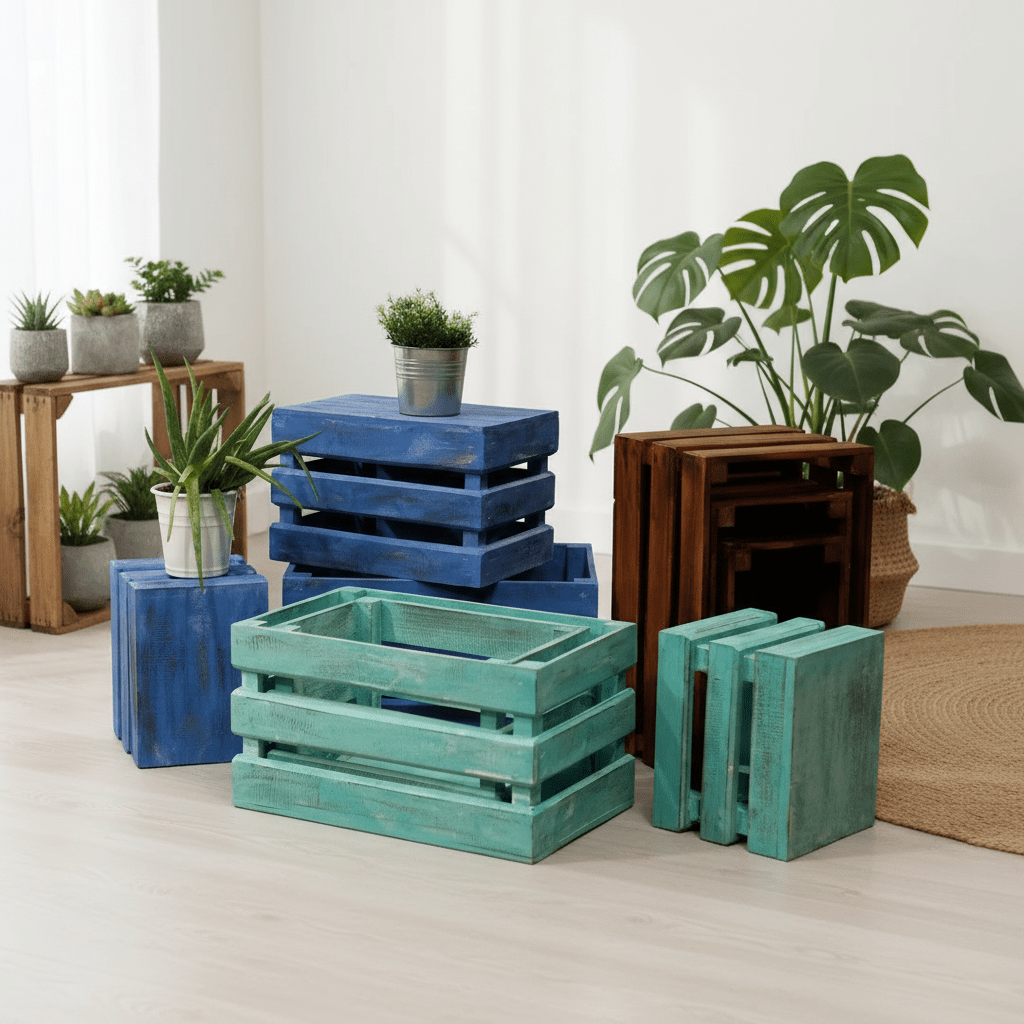 Wooden crates in blue and green with potted plants on a light wooden floor.