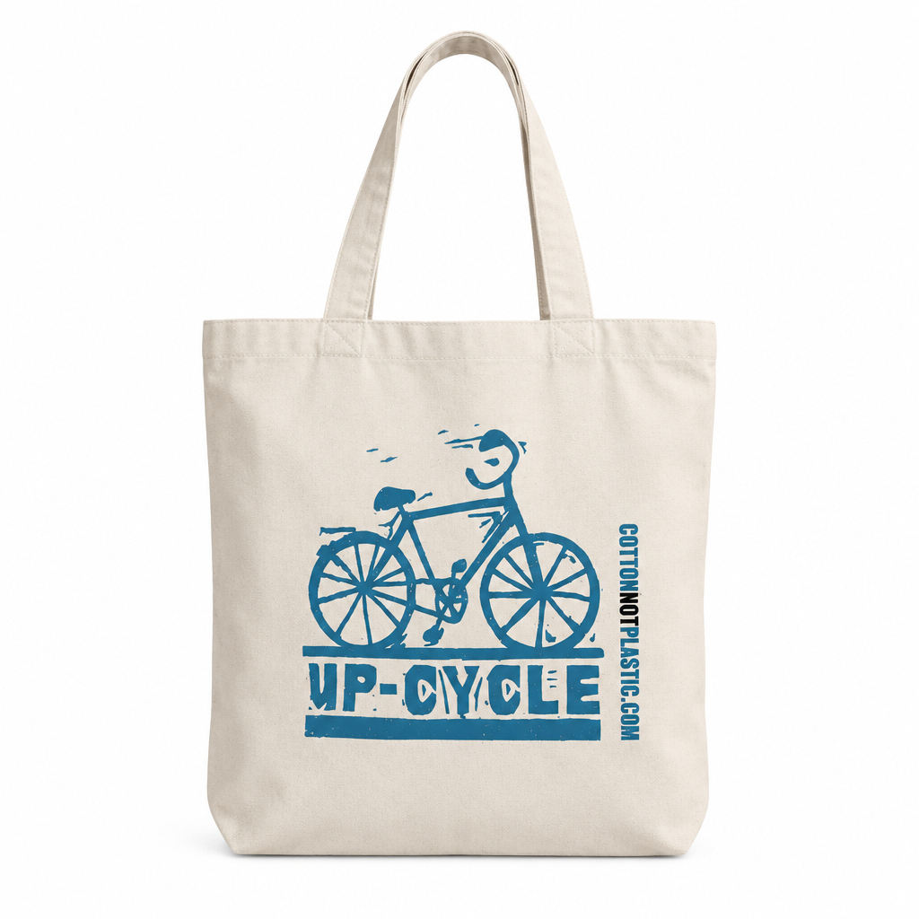 Pale cotton shopper tote bag with a blue bicycle print and Up-Cycle lettering on a white background