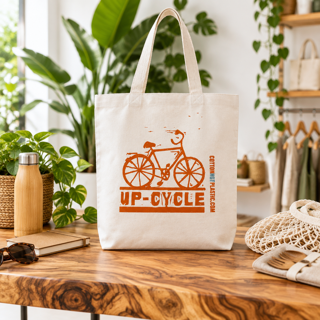 A cream cotton tote bag with an orange printed bicycle graphic and the text 'UP-CYCLE' sits on a wooden table in a styled indoor setting with plants, a water bottle, and a woven bag nearby.