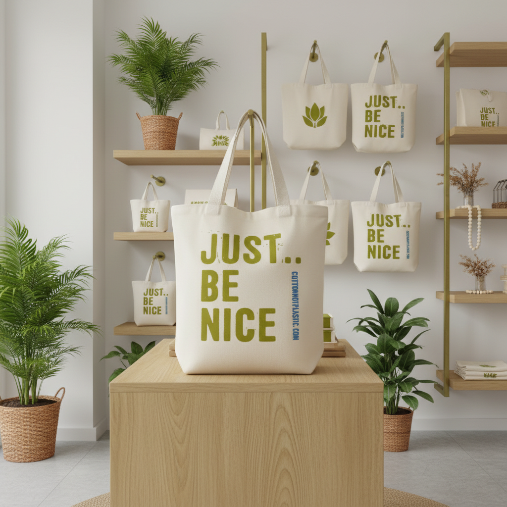 Just be nice cotton tote bags in an eco-friendly shop
