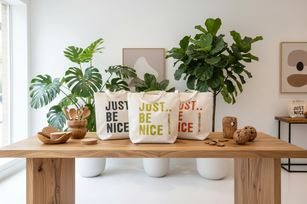 Three tote bags with 'JUST BE NICE' text on a wooden table with plants and decor.