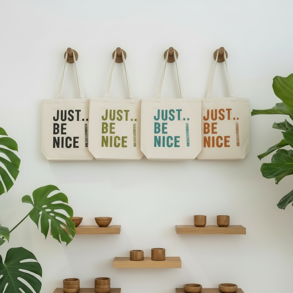Four tote bags with 'JUST.. BE NICE' text on a wall with shelves and plants.
