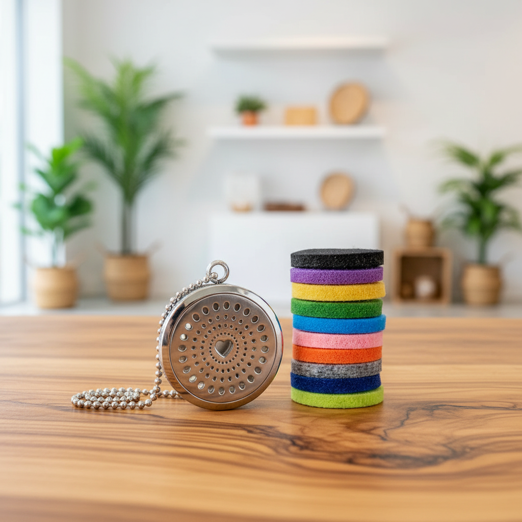 A silver metal essential oil infuser pendant with a ball chain sits on a wooden table next to a stack of colourful felt tea infuser discs in various shades.