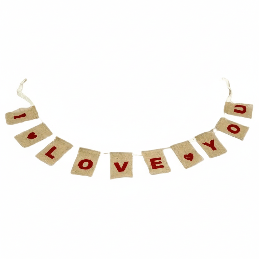 Bunting with 'I love you' text on a white background