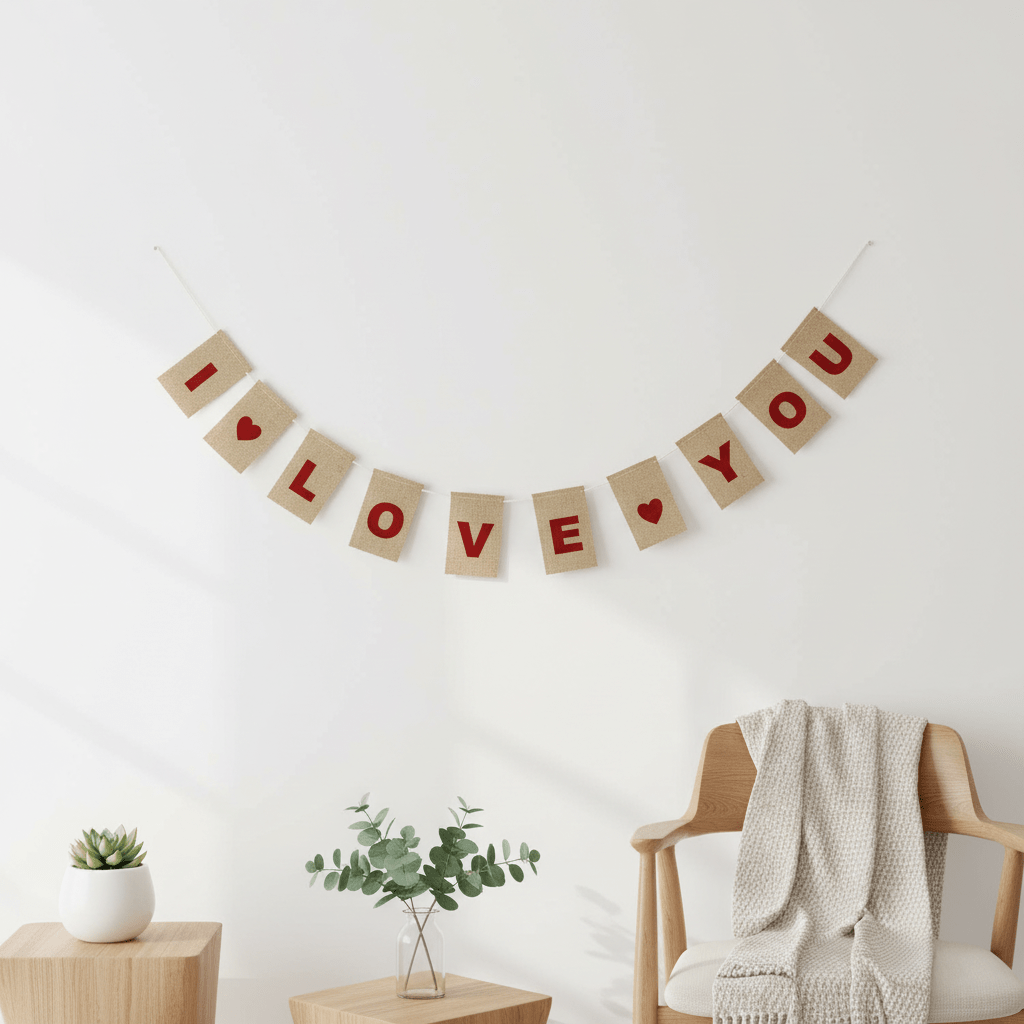 Decorative banner spelling 'I LOVE YOU' on a white wall with a chair and small table in the foreground.