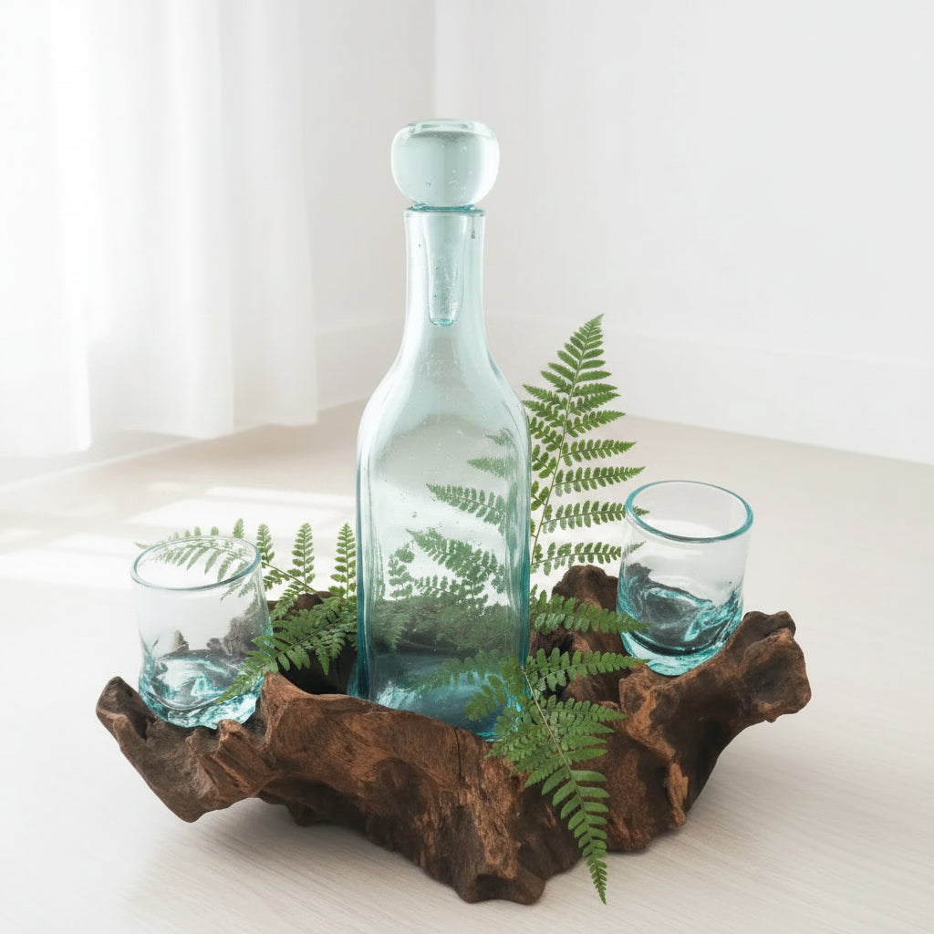 A light blue glass decanter with a matching stopper and two matching blue shot glasses, arranged on a rustic brown driftwood tray with green ferns, on a light-colored table.