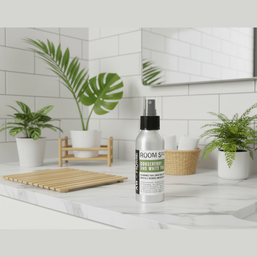 Room spray bottle on a bathroom counter with plants and tiles in the background