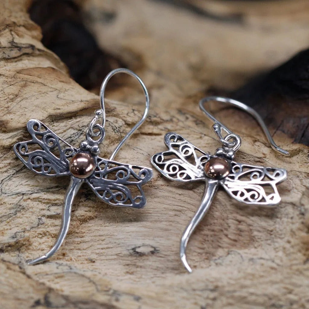 Ancient Wisdom Silver & Gold Earring - Dragonflies - Gift Boxed - Ethically Sourced - Handmade in Indonesia Clothing & Accessories > Jewellery & Watches > Earrings > Womens Earrings > Drop Earrings > Silver & Gold Dragonfly Earrings emmy-jane-boutique.myshopify.com