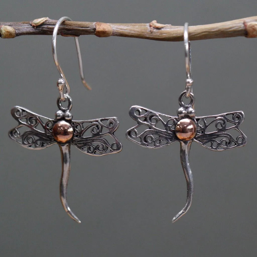 Ancient Wisdom Silver & Gold Earring - Dragonflies - Gift Boxed - Ethically Sourced - Handmade in Indonesia Clothing & Accessories > Jewellery & Watches > Earrings > Womens Earrings > Drop Earrings > Silver & Gold Dragonfly Earrings emmy-jane-boutique.myshopify.com