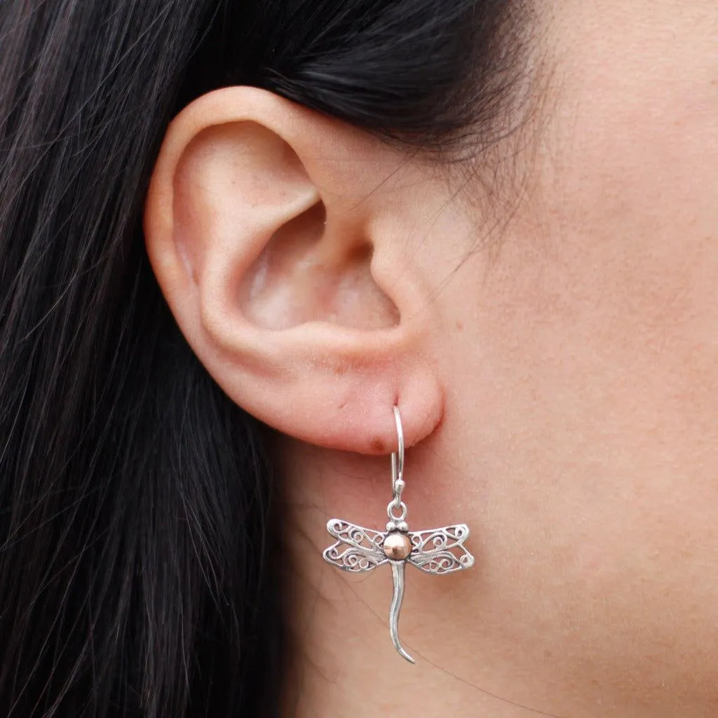 Ancient Wisdom Silver & Gold Earring - Dragonflies - Gift Boxed - Ethically Sourced - Handmade in Indonesia Clothing & Accessories > Jewellery & Watches > Earrings > Womens Earrings > Drop Earrings > Silver & Gold Dragonfly Earrings emmy-jane-boutique.myshopify.com