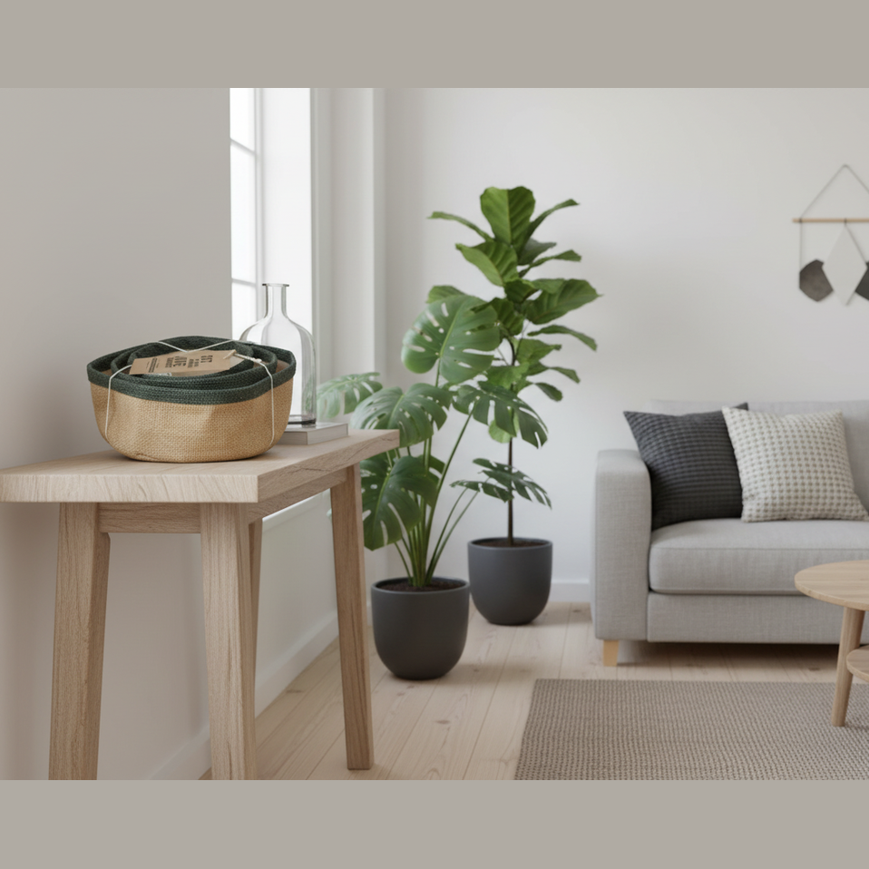 Eco-friendly jute storage baskets in a modern living room with a grey sofa, wooden coffee table, and potted plants.
