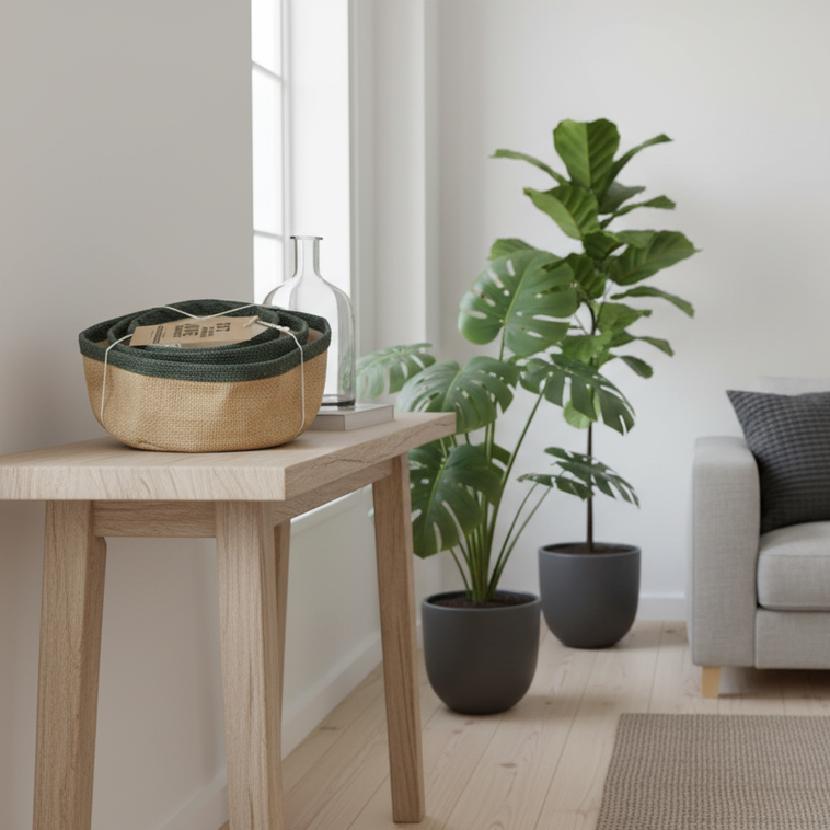 Eco-friendly jute storage baskets in a modern living room with a grey sofa, wooden coffee table, and potted plants.