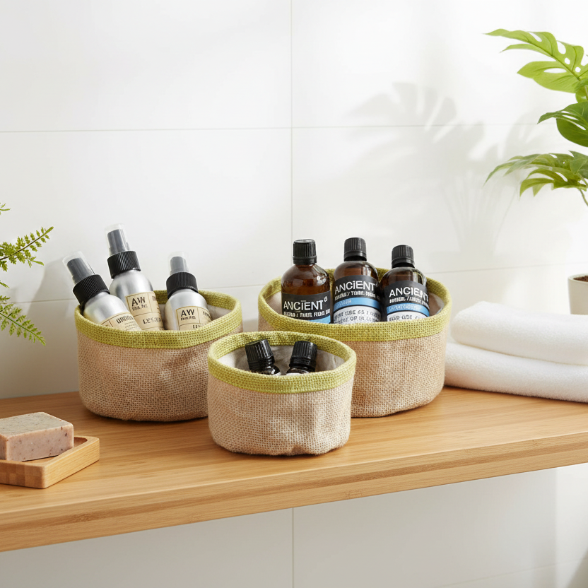 Baskets with bottles on a wooden shelf in a bathroom setting
