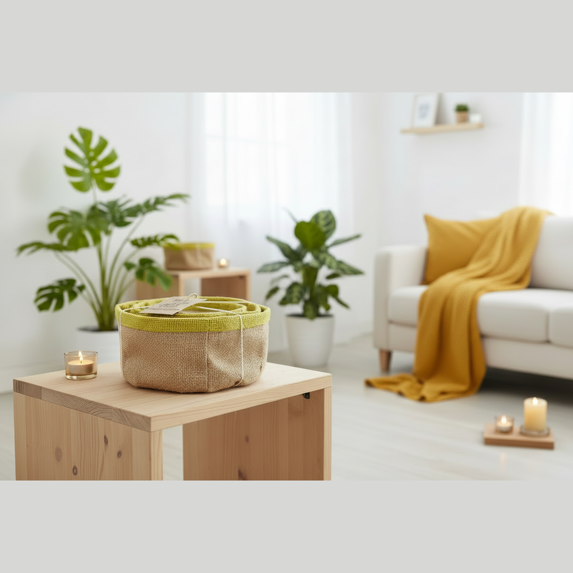 Eco-friendly jute storage baskets in a living room with a wooden table, plant, and yellow blanket on a sofa.