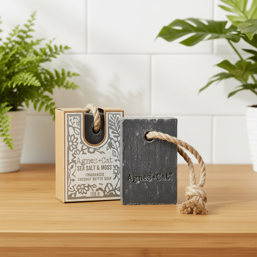 Agnes & Cat soap bar with packaging on a wooden surface with plants in the background