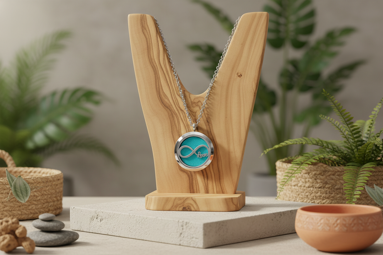 Necklace with a blue pendant on a wooden stand against a natural background with plants.