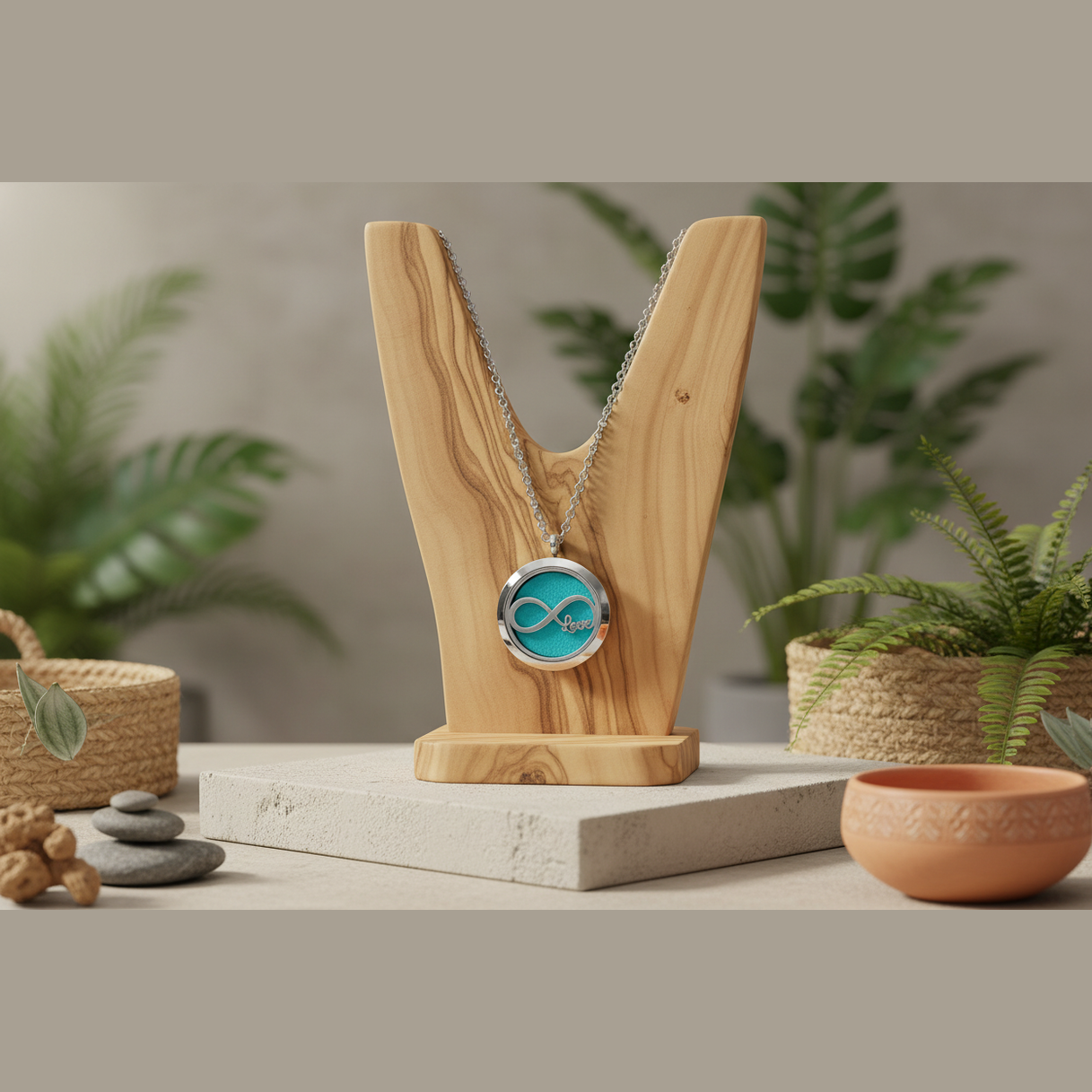Necklace with a blue pendant on a wooden stand against a natural background with plants.
