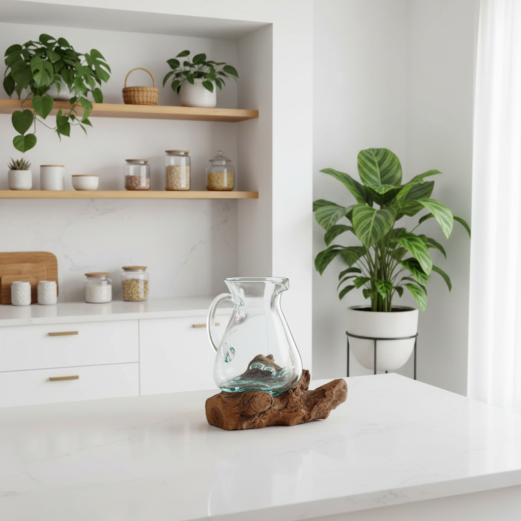 A clear glass pitcher with a handle sits on a rustic brown wood base on a white countertop in a bright, modern kitchen setting with shelves, plants, and cabinets.