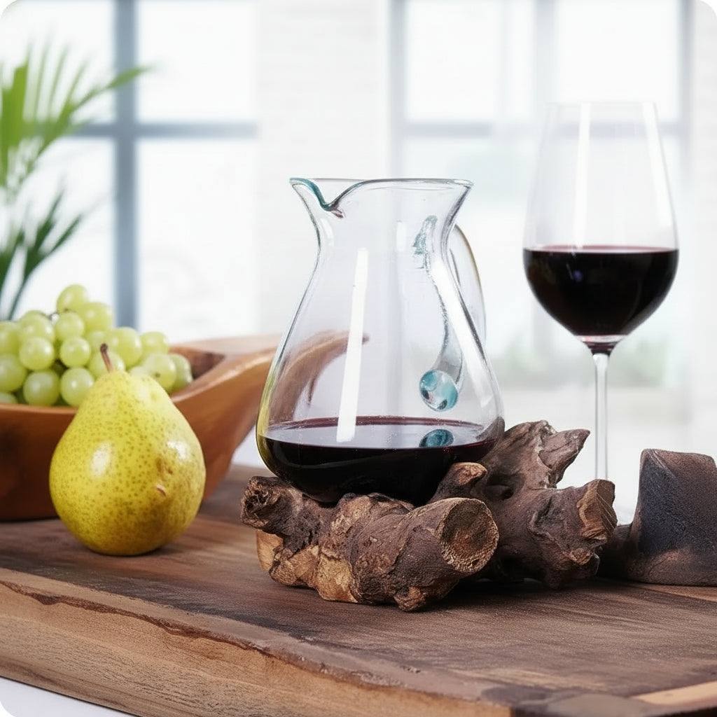 Glass carafe with red wine on a wooden surface with a blurred background
