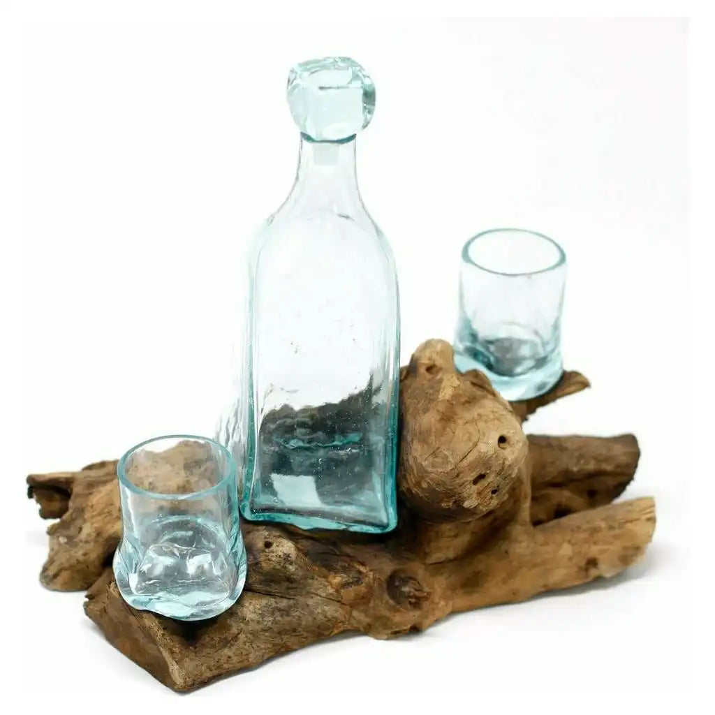 AW Home Whisky Set - Balinese Handcrafted with Recycled Molten Glass & Gamal Wood Home & Garden > Kitchen & Dining > Barware > Decanters > Decanter Sets > Whisky Sets > Balinese Handcrafted with Recycled Molten Glass & Gamal Wood emmy-jane-boutique.myshopify.com