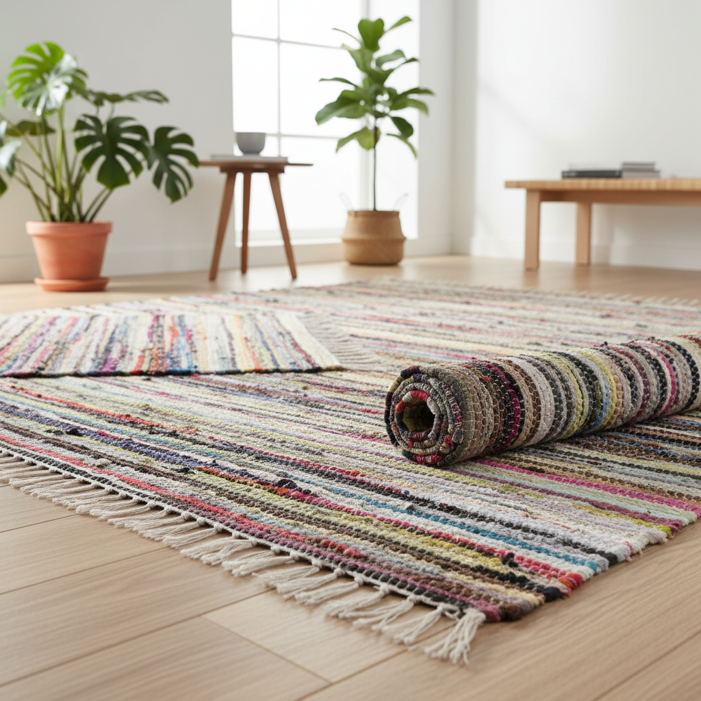 Colorful striped rug on a wooden floor with plants and furniture in the background