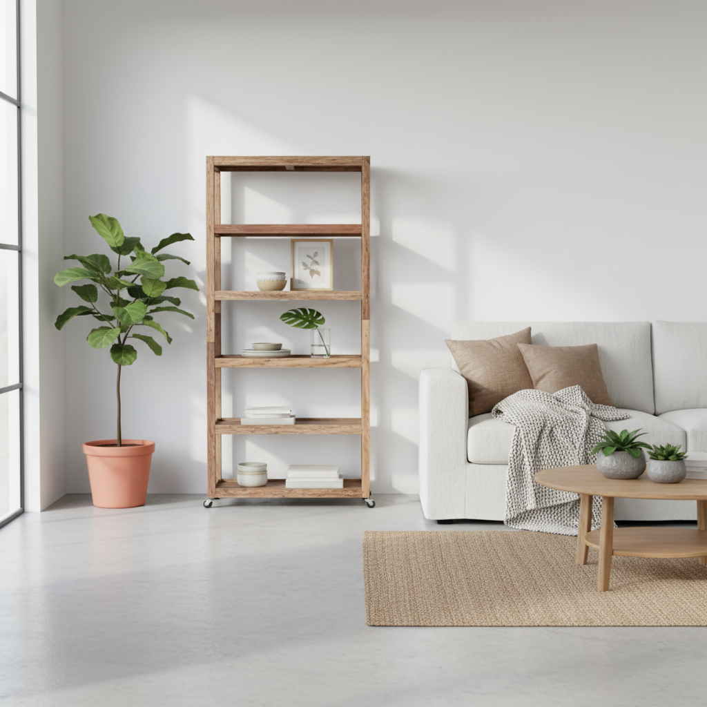 A tall, rustic five-tier wooden bookcase with wheels stands in a bright, modern living room next to a potted fiddle-leaf fig and in front of a white sofa.
