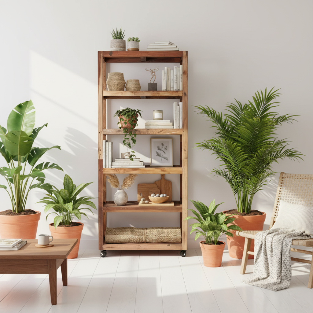 A tall, rustic wooden 5-tier bookcase with black caster wheels, styled with books, vases, and small plants in a bright, modern room with potted plants and a chair.