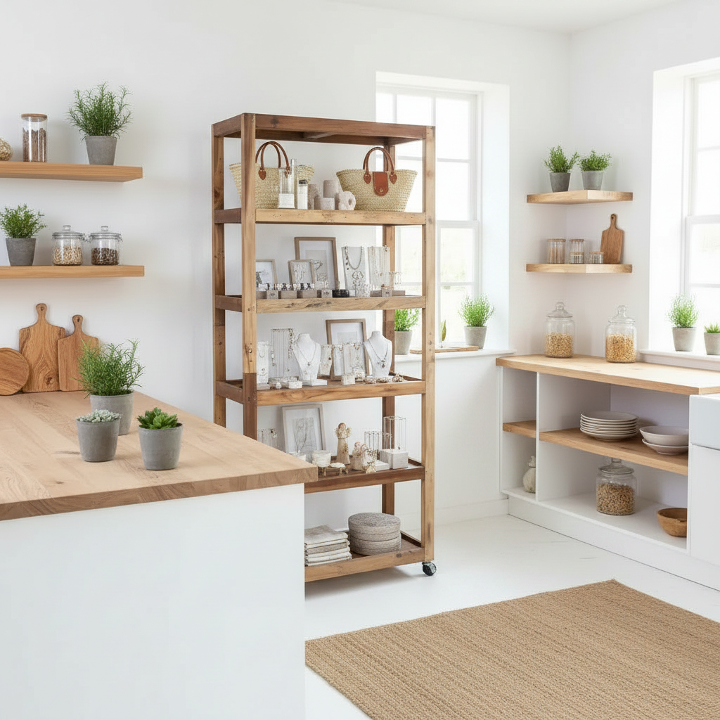 A tall, rustic five-tier wooden bookcase with wheels stands in a bright, modern kitchen