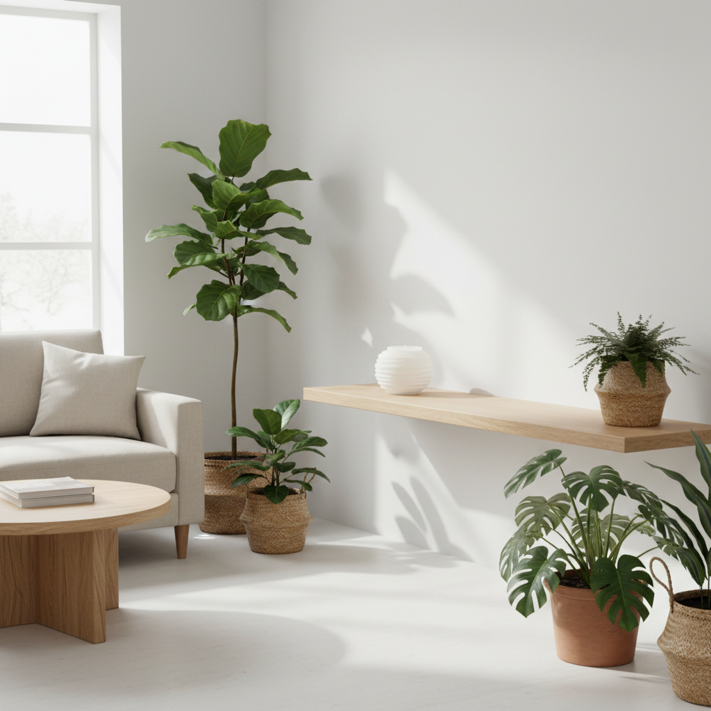 A selenite white candle holder in a modern living room with plants and a neutral colour palette