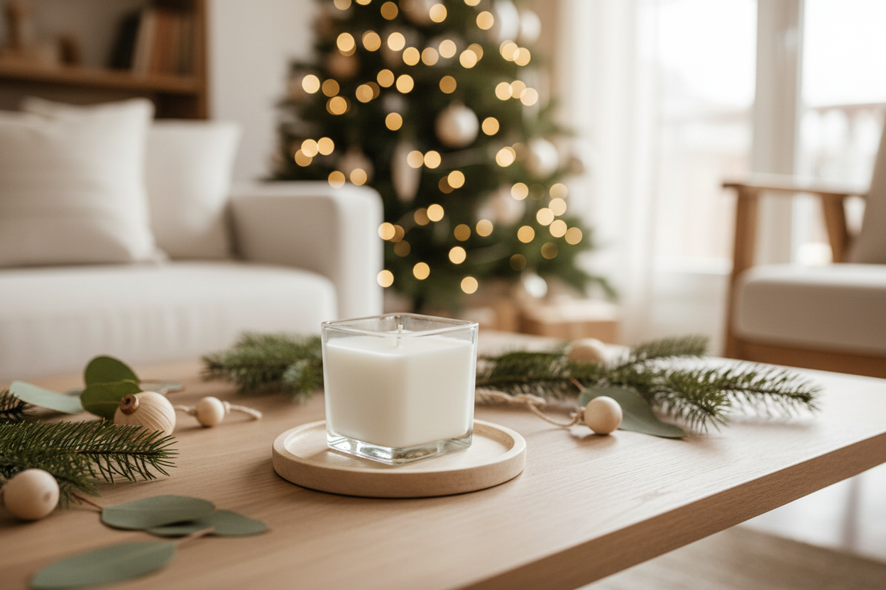Candle on a wooden table with a decorated Christmas tree in the background