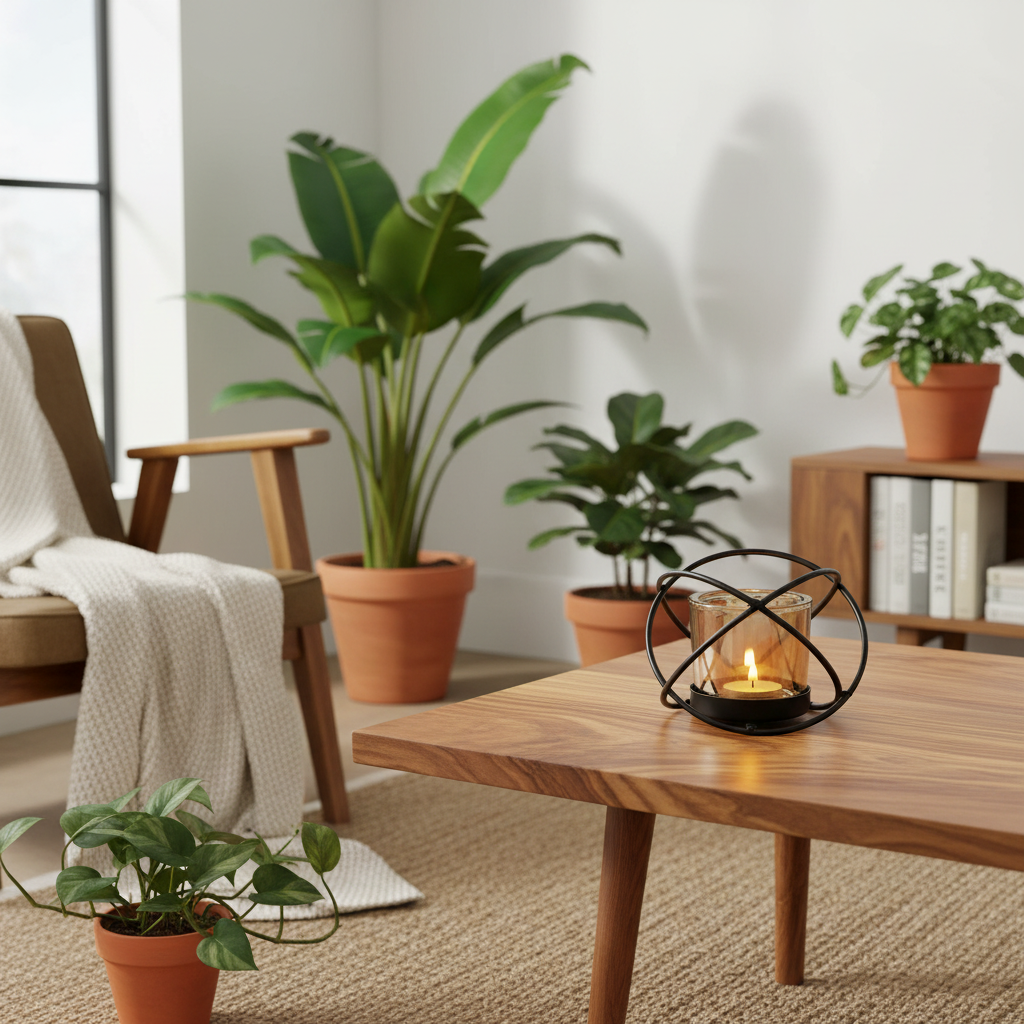 A black metal globe-shaped candle holder with a glass candle and visible flame sits on a wooden coffee table in a bright, modern living room with potted plants and a chair.