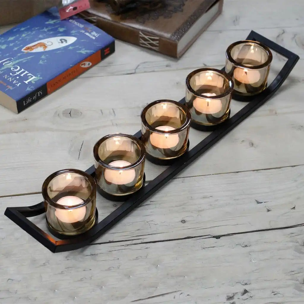 Ancient Wisdom Centrepiece Iron & Glass Votive Candle Holder - 5 Cup Ledge Tealight Holder Home & Garden > Decor > Home Fragrance Accessories > Candle Holders > Centrepiece Iron & Glass Votive Candle Holder > 5 Cup Ledge Tealight Holders emmy-jane-boutique.myshopify.com
