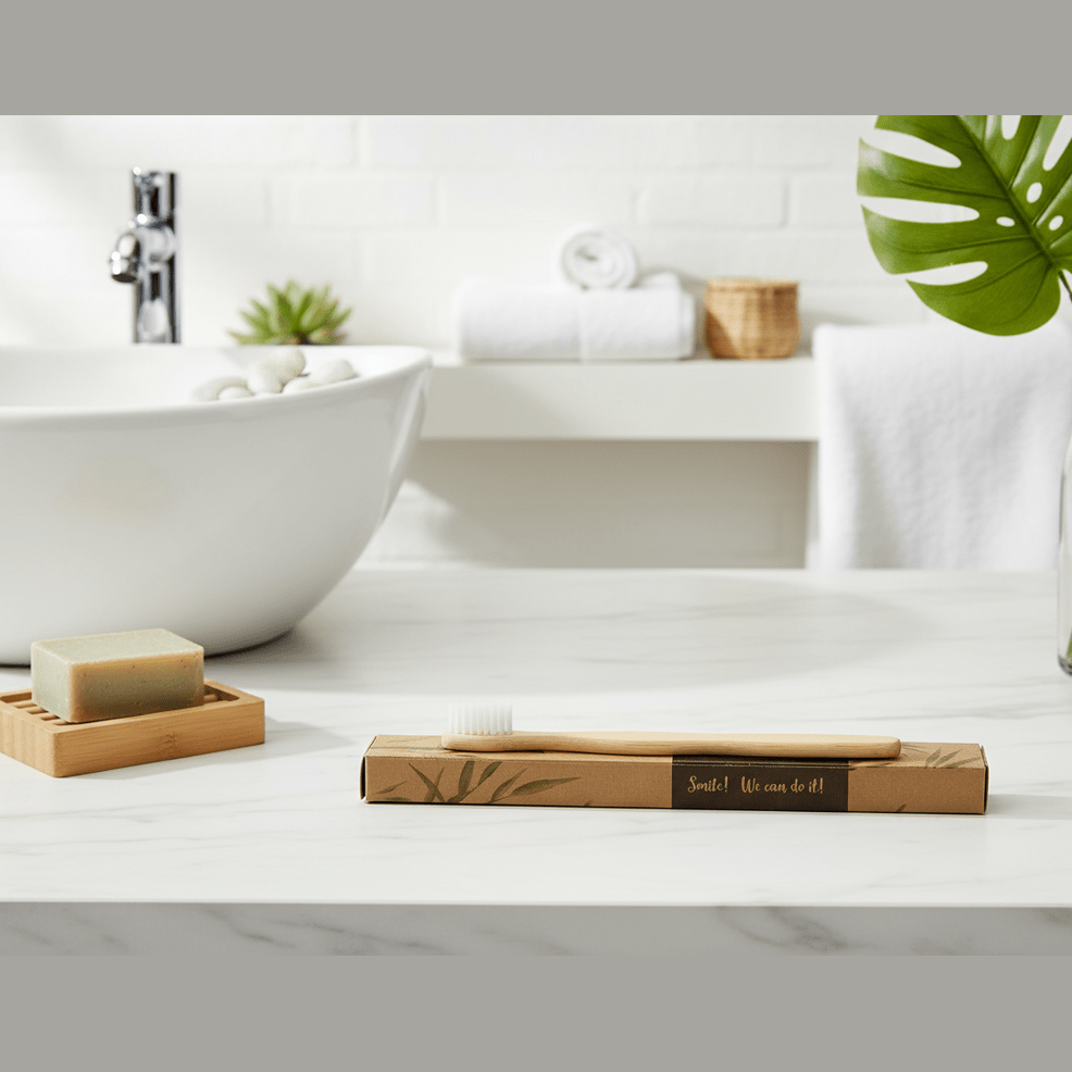 Bathroom setting with a soap dish, soap, a wooden toothbrush, and a plant on a white surface.