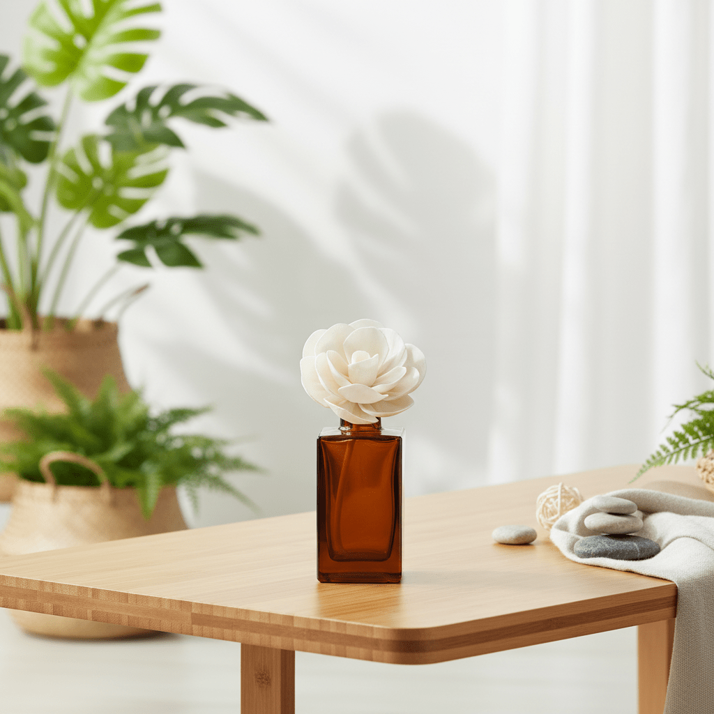 Brown perfume bottle with white diffuser flower on a wooden table with plants in the background