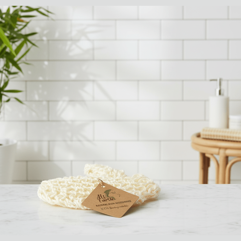 Eco-friendly bath glove on a white surface with a plant and bathroom items in the background