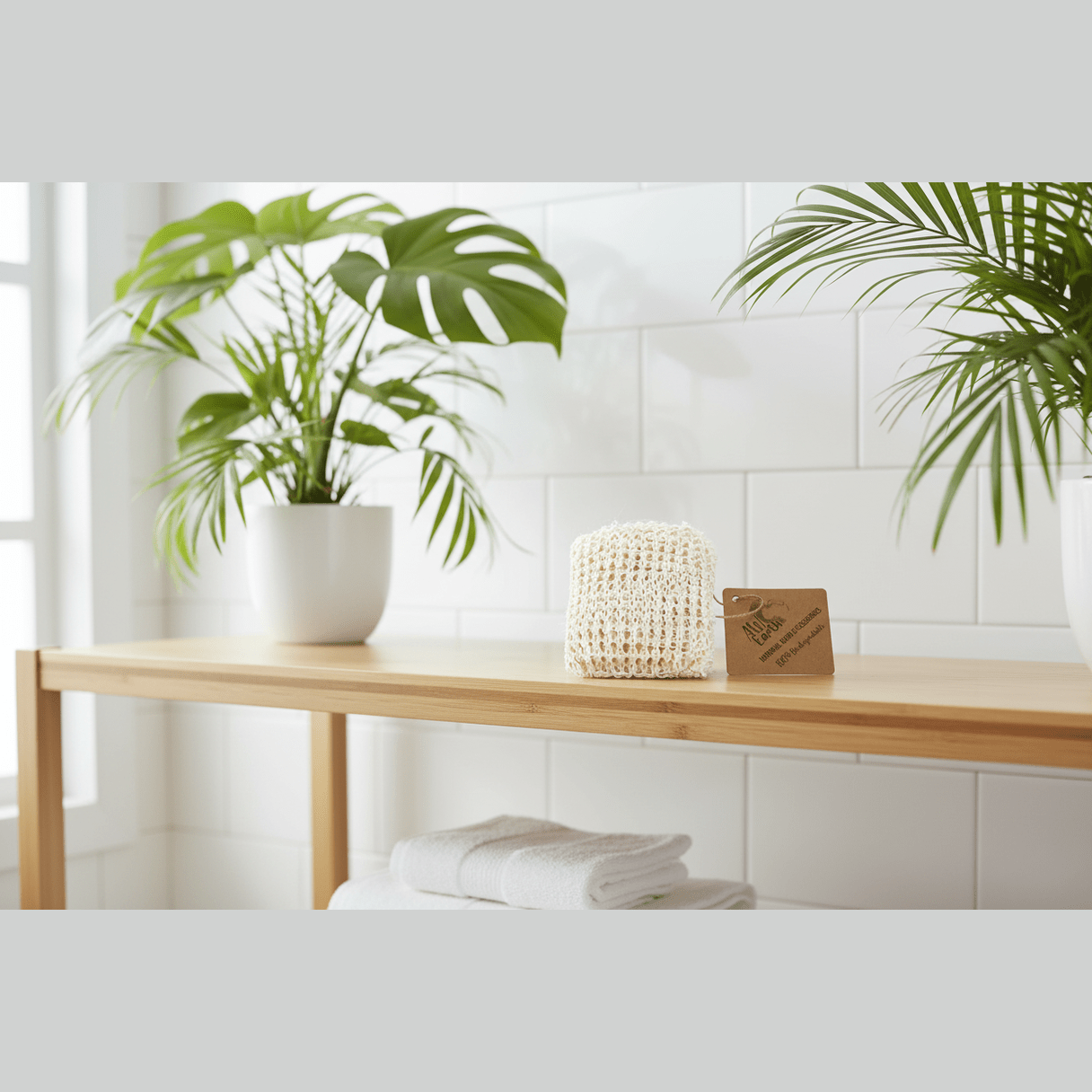 Wooden shelf with folded towels, a woven basket, and an eco-friendly bath sponge against a white tiled wall.