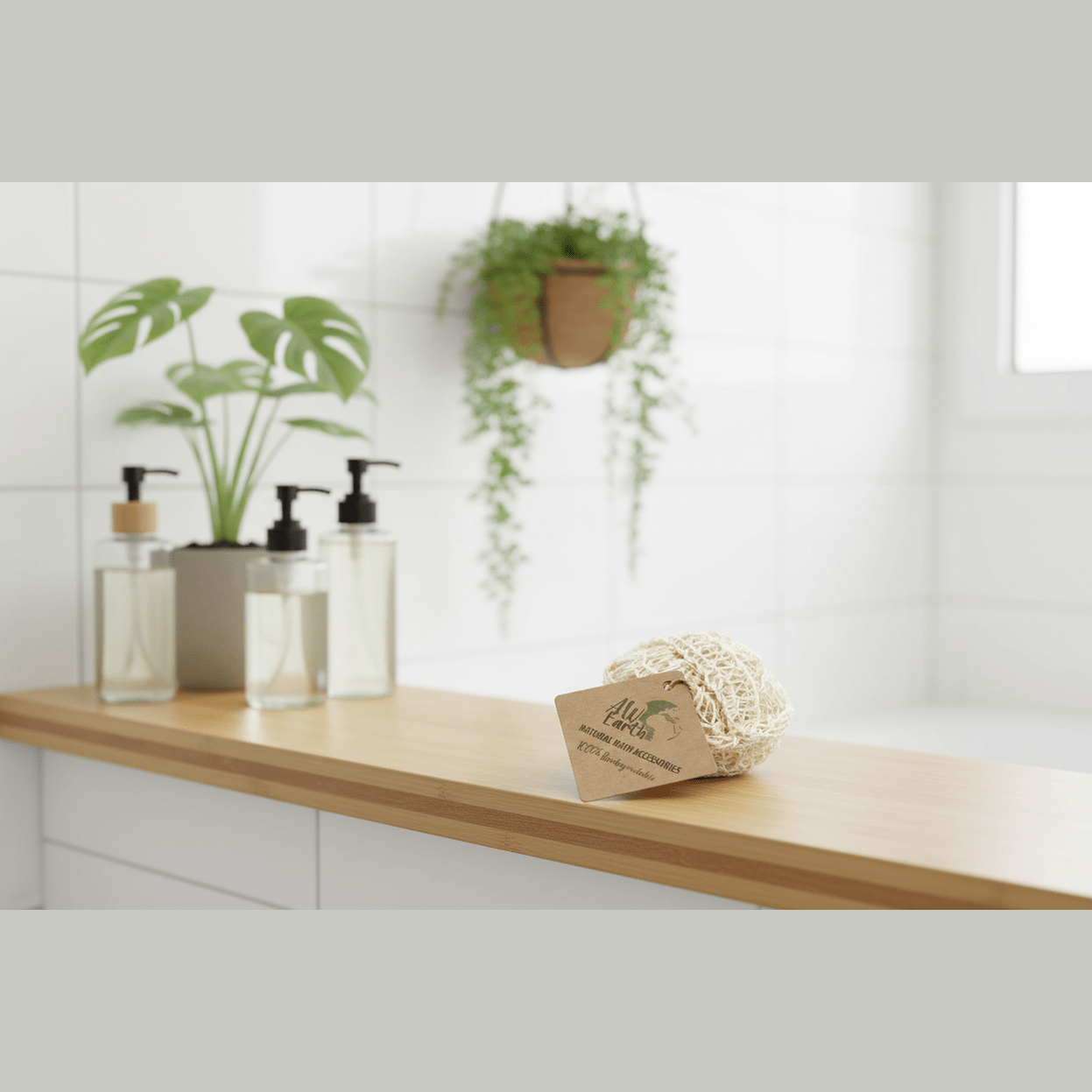 Bathroom shelf with skincare products and a loofah on a light wooden surface.