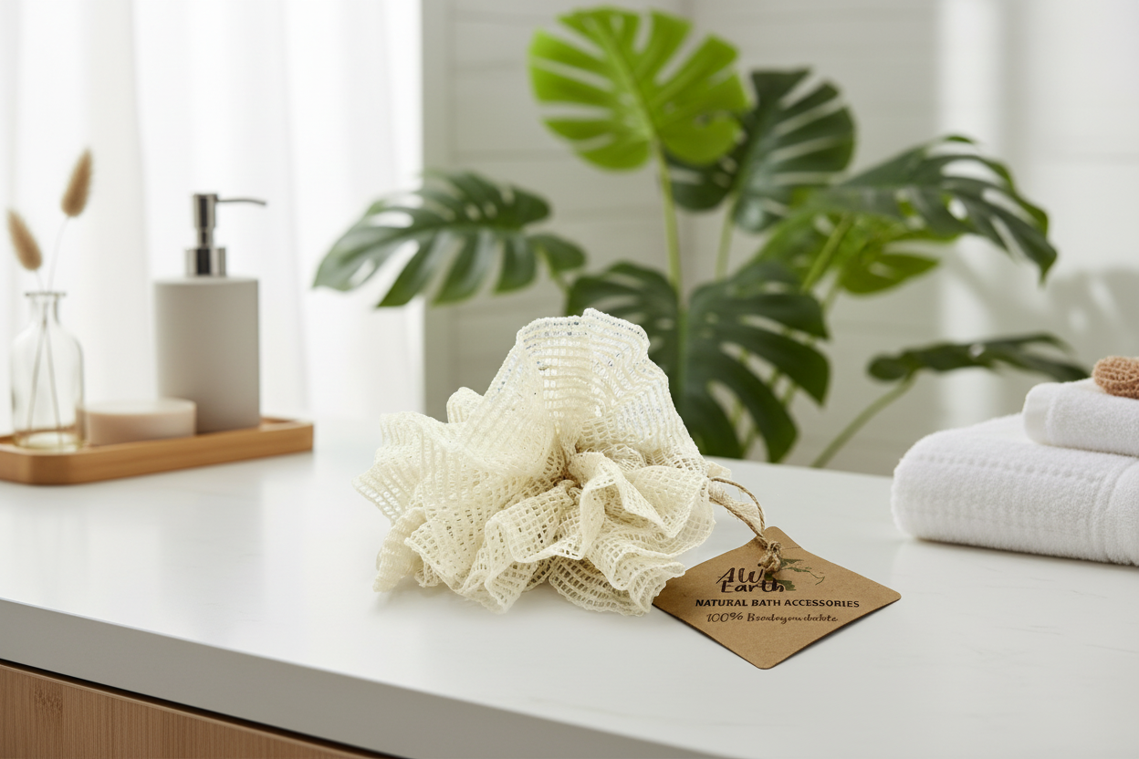 Bath pouf on a bathroom counter with plants in the background