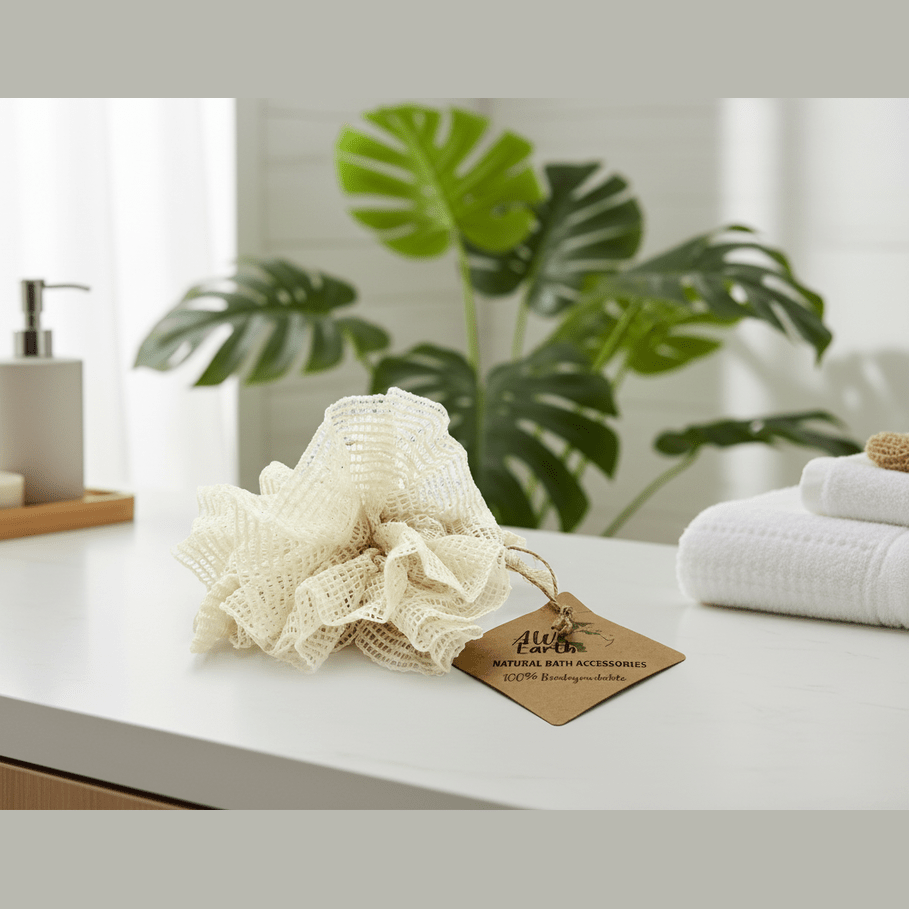 Bath pouf on a bathroom counter with plants in the background