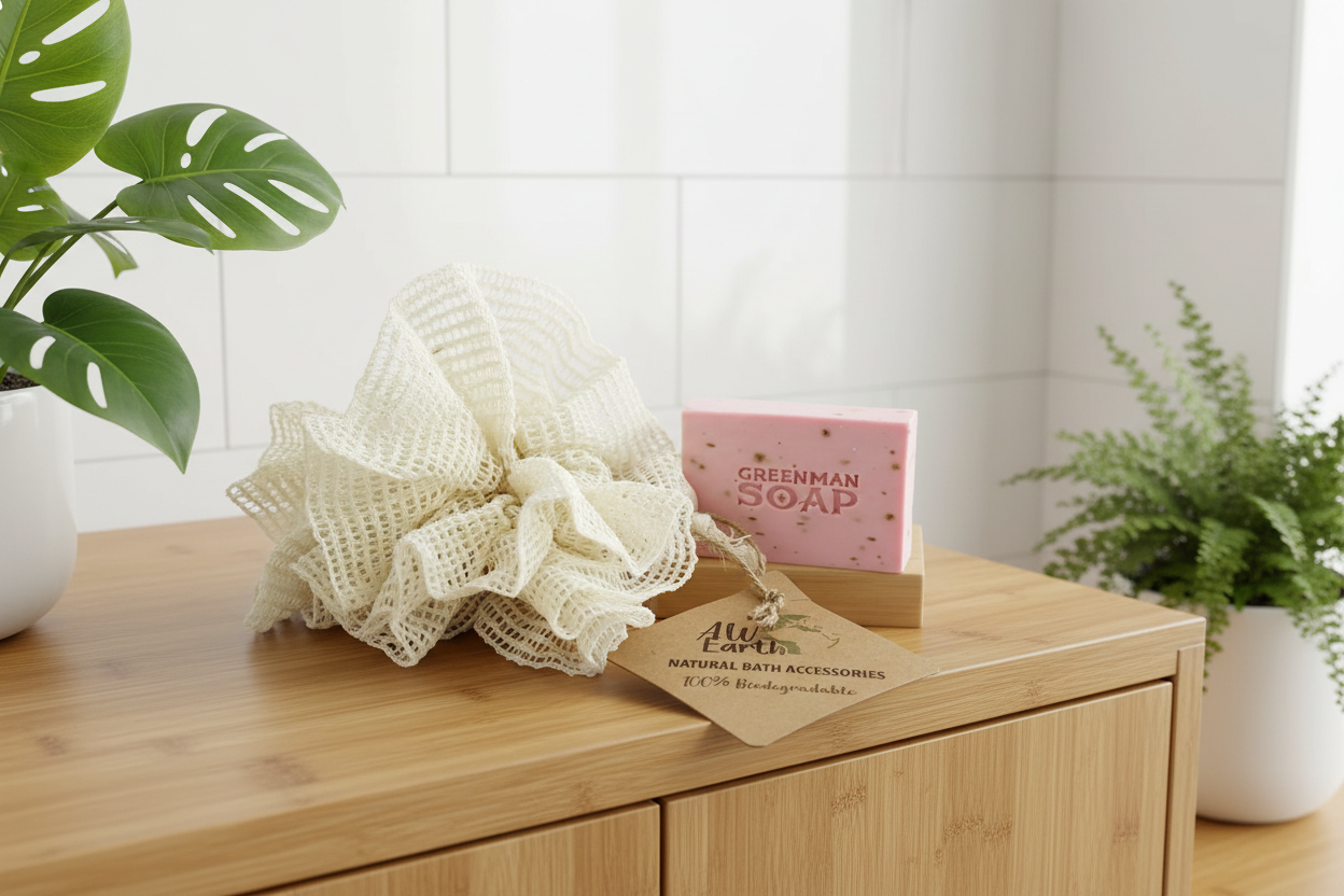 An eco-friendly bath scrunchie, soap bar, and card on a wooden surface with plants in the background